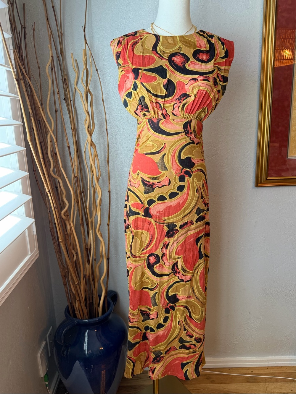 168~NWT Cleobella Organic Cotton Abstract Print Maxi Dress in Coral and Mustard